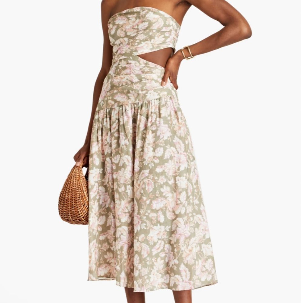 Zimmermann AU 0 Strapless Cutout Floral-Print Linen Midi Dress
